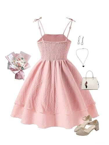 SHENHE Girl's Smocked Ruched A Line Swing Dress Layered Tie Shoulder Flowy Cami Short Dress thumbnail 2