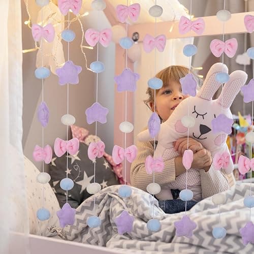 NiHome Fluffy Plush Doorway Curtain, Cute Hanging String Garland Kawaii Wall Hanging Home Decor for Girl Baby Room,Plush Bowknot Pentacle Garland Curtain with Hooks & Adhesive Velcro, 9 Strings thumbnail 4