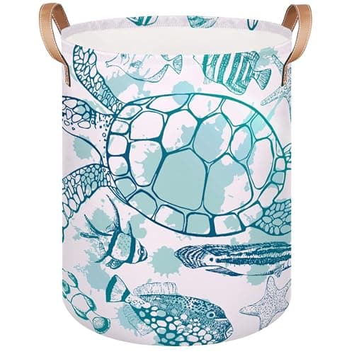 Large Laundry Hamper Basket Ocean Theme Round Freestanding Clothes Basket, Sea Turtle Collapsible Storage Organizer Bin with Leather Handles for Dirty Clothes Toys, Nursery Home Storage 16"W x 20"H - Image 1