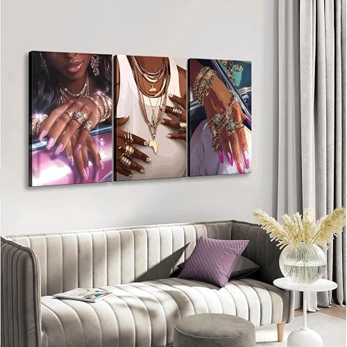 NCYEL 3Pcs Black Girls Wall Art African American Fashion Canvas Print Luxury Shiny Picture Gold Jewelry Decorative Prints Posters Bedroom Living Room Salon Artwork 12X16Inch thumbnail 5