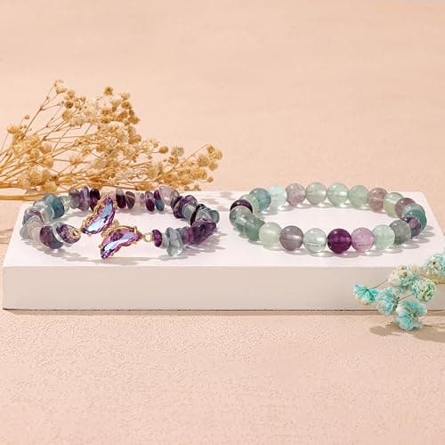 GolbalJew Amethyst Bracelet For Women Anxiety Amethyst Beaded Bracelets Butterfly Charms Healing Stone Layered Bracelet Gifts For Women thumbnail 6