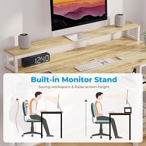 GreenForest Computer Desk with Full Monitor Stand,100 cm Home Office Desk with Reversible Storage Shelves,Small Study Desk with Headphone Hook and Cup Holder,Oak thumbnail 4