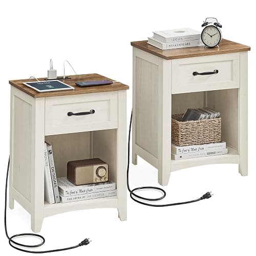 VASAGLE LIRY Collection - Farmhouse Nightstands with Charging Station, Set of 2 Bedside Tables, Side Tables with Drawer, Open Compartment, for Bedroom, Rustic White and Honey Brown ULET859K41 - Image 1
