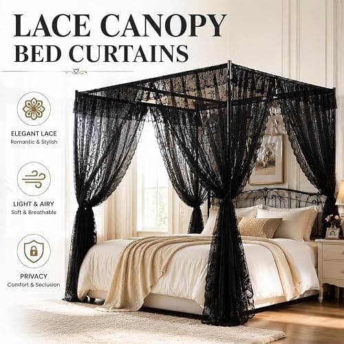Lace Canopy Bed Curtains Set, 4 Corner Double Layer Mosquito Net (White) | Queen Bed Canopy Curtains Soft Romantic Canopy Scarf Cute Bedroom Decor for Wedding Bedroom,No Pole,Consists of 8, 39" x 79" thumbnail 2