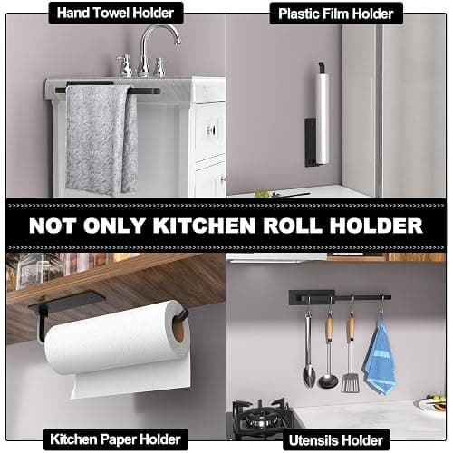 Paper Towel Holder - Self-Adhesive or Drilling, Matte Black, Upgraded Aluminum Kitchen Roll Dispenser Under Cabinet, Lighter but Stronger Than Stainless Steel! thumbnail 5