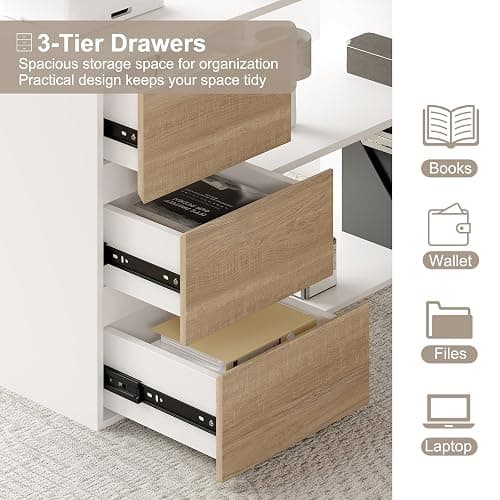 Bobve L Shaped Computer Desk, 47 Inch Home Office Desk with File Drawers & Storage Shelves, Small Corner Computer Desk for Small Space (White + Walnut) thumbnail 8