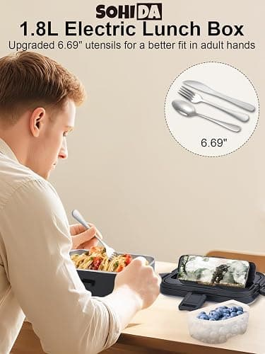 1.8L Heated Lunch Box for Men, Portable Food Warmer for Car/Truck/Office | Sohida 80W Electric Lunch Box for Adults: Leak-Proof and Dishwasher-Safe, 12V/24V/110V Lonchera Eléctrica Portátil for Worker thumbnail 2