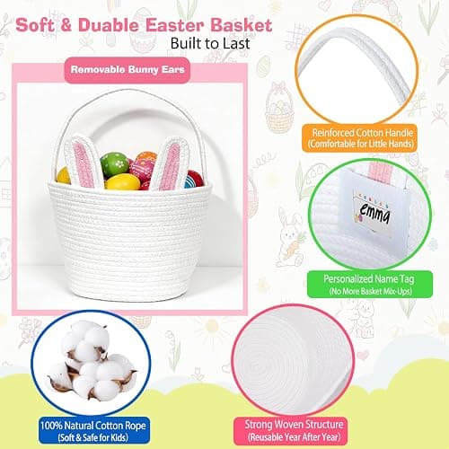 BEIYANA Easter Basket for Kids, Cute Bunny Easter Basket with Removable Ears & Writable Name Tag, Personalized Cotton Rope Woven Empty Easter Basket, First Easter Gift for Toddlers Boys Girls (Pink) thumbnail 4