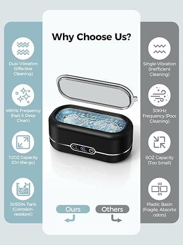 Miorcols Ultrasonic Jewelry Cleaner, 48KHz Ultrasonic Cleaner Machine for Jewelry, Glasses, Rings, Retainers, Watch Strap, Dentures, 304 Stainless Steel 12oz Cleaning Pod - Black thumbnail 3