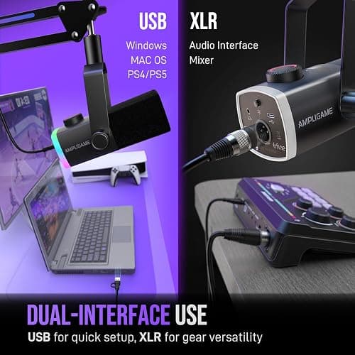 FIFINE Gaming Microphone Kit, XLR/USB Dynamic PC Microphone with Boom Arm for Podcast Recording, RGB Streaming Mic Set, Tap-to-Mute, Mix Control, Headphone Jack-AmpliGame AM8PROT thumbnail 3