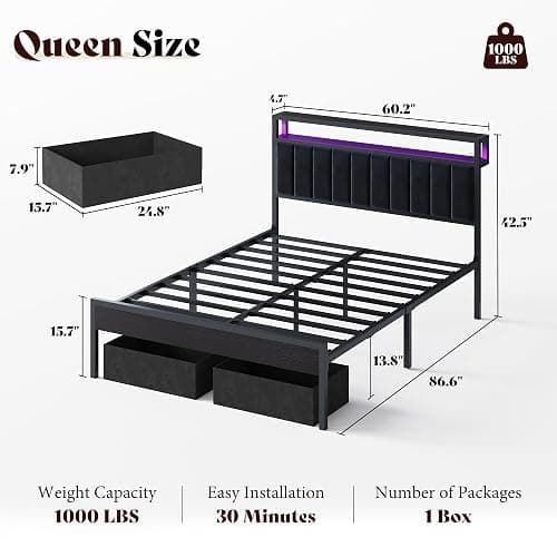 AMERLIFE Queen Bed Frame with LED Light and 2 Storage Drawers, Metal Platform Bed with Storage Headboard, Velvet Upholstered, Heavy-Duty Slats, No Box Spring Needed, Easy Assembly, Black thumbnail 2