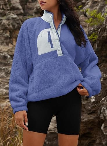 Yanekop Womens Fuzzy Fleece Pullover Sherpa Sweatshirt Long Sleeve Button Down Sweater Winter Fleece Jacket with Pockets thumbnail 3