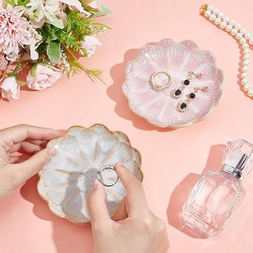 NBEADS 2 Pcs Ceramic Jewelry Tray, Lotus Flower Ring Dish Holder Porcelain Trinket Tray Decorative Trinket Plate for Ring Necklace Bracelet Jewelry Watch Key Gift, Whitesmoke/Pink thumbnail 2