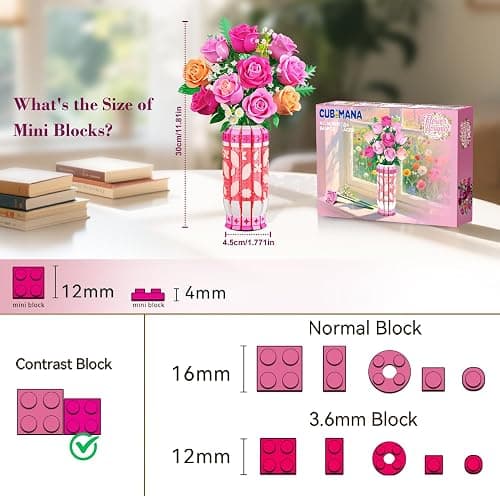 CUBIMANA Romantic Pink Roses Bouquet Building Set with Vase & LED Light, 845PCS Flowers Botanical 3.6MM Mini Building Blocks Toys, Gifts for for Her, Artificial Flowers for Office Home Decor & Display thumbnail 5