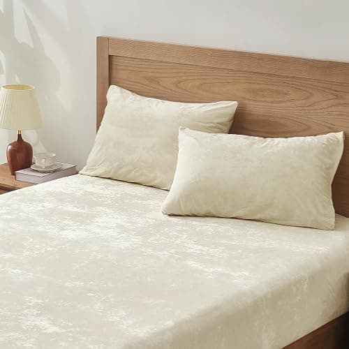 BEDELITE Velvet Fitted Sheet and Pillowcases Set, Luxury Soft Fuzzy Bottom Sheet with Reinforced Elastic Corner Straps, Deep Pocket up to 15 Inch, 1 Fitted Sheet and 2 Pillowcases (Queen, Cream) - Image 1