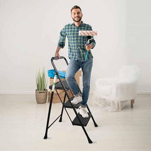 3 Step Ladder, Portable Steel Folding Stool with Wide Anti-Slip Pedal, 500lbs Sturdy Steel Ladder, Black thumbnail 2