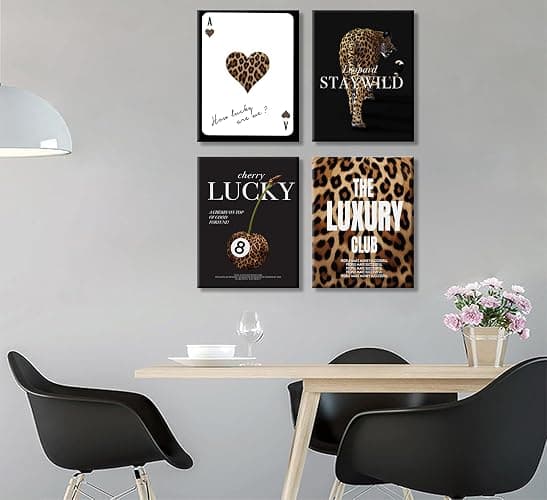 KBIERQN 4pcs Trendy Leopard Prints Canvas Wall Art Lucky 8 Ball Poster Preppy Room Stay Wild Cheetah Pictures Luxury Club Poster for Girls Bedroom Apartment Dorm Wall Decor 12x16In Framed thumbnail 2
