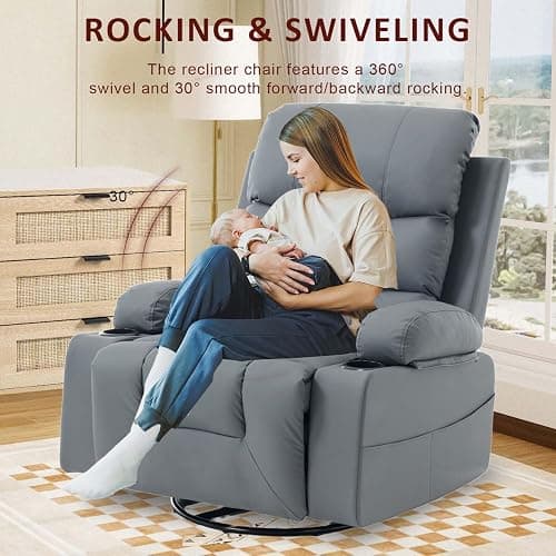 KCQ Swivel Rocker Recliner Chair with Massage and Heat, Oversized Wide Seat Faux Leather Manual Rocking Recliner Chair for Adults, Grey thumbnail 4