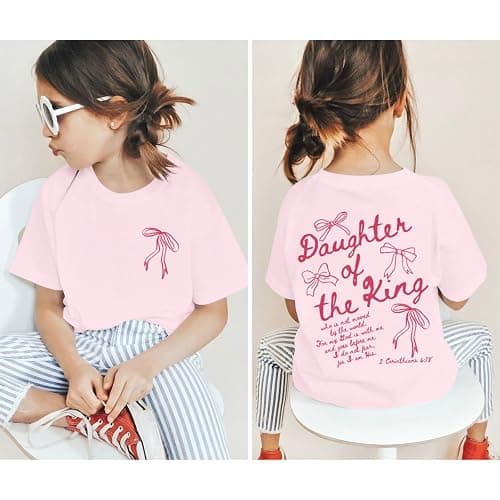 Fkatuzi Girls Christian Jesus Faith Shirts for Kids Cute Bow Shirt Daughter of The King God Bible Verse Graphic Tees Cotton thumbnail 4