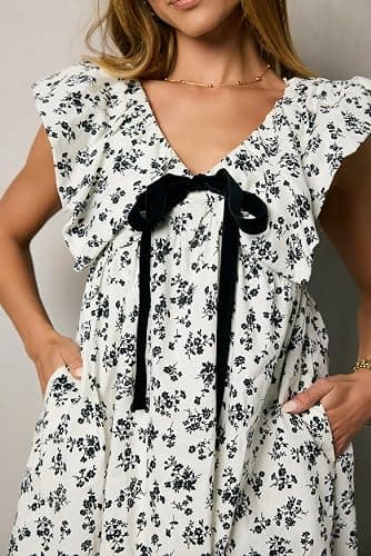 Women V Neck Babydoll Mini Dress Ruffle Boho Floral Flowy Sundress Bow Loose Summer Holiday Going Out Dress thumbnail 6