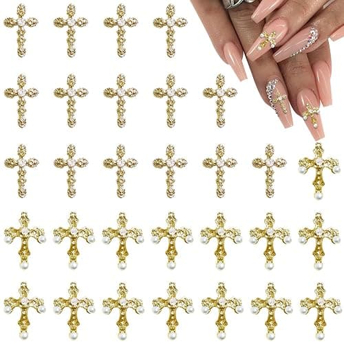 3D Cross Nail Charms, 30pcs Cross Nail Decorations for Nail Art, Pearl Gems Diamond Nail Decor, Gold Nail Charm Metal Alloy Crystal Rhinestones Nail Studs for Women Girl DIY Jewelry Cellphone Crafts - Image 1
