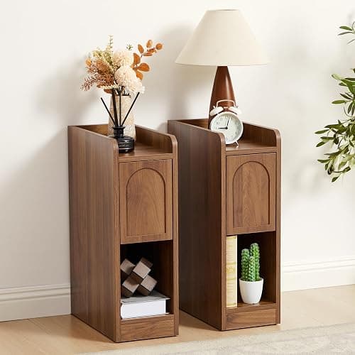 Narrow Nightstand, Slim Bedside Table with Raised Edge Top, Arched Drawer & Open Shelf, Modern Wooden Small Side End Table for Bedroom or Living Room (1, Walnut) thumbnail 8