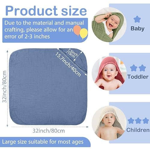 Peryiter 6 Pcs Muslin Hooded Baby Towels, 32"x 32" Cotton Newborn Bath Towel Muslin Infant Baby Blankets Absorbent Unisex Newborn Registry Gift Essentials for Girls Boys (Dark Color Series) thumbnail 3