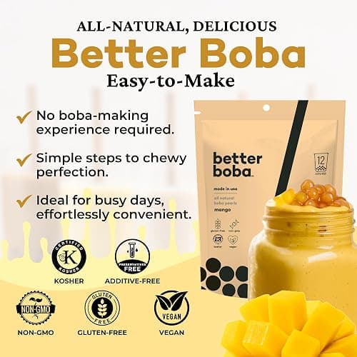 Better Boba All-Natural Mango Boba Pearls | Kosher, Vegan, Gluten-Free, Non-GMO Popping Boba for Bubble Tea, Desserts| 8 Oz Pack (12 Servings)| No Preservatives | Tapioca Boba Balls | Made in USA thumbnail 4