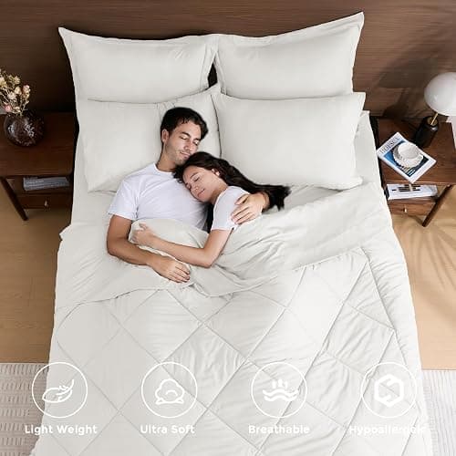HEVUMYI Ivory Queen Comforter Set - 7-Piece All Season Bed in a Bag Queen, Ultra Soft Bedding Set with Comforter, Flat Sheet, Fitted Sheet, Pillowcases, Pillow Shams thumbnail 2
