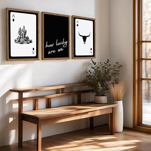 Western Wall Art Set of 3, Southwestern Cowboy Playing Card Wall Decor, Longhorn Bull Skull and How Lucky are We Poster Canvas Painting Prints for Bedroom Living Room 12x16 inch Wood Framed thumbnail 6