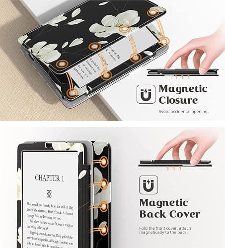 MoKo Case for 6.8" Kindle Paperwhite (11th Gen 2021) and Kindle Paperwhite Signature Edition, Slim PU Shell Cover Case with Auto-Wake/Sleep for Kindle Paperwhite 2021 E-Reader, Black & White Magnolia thumbnail 6
