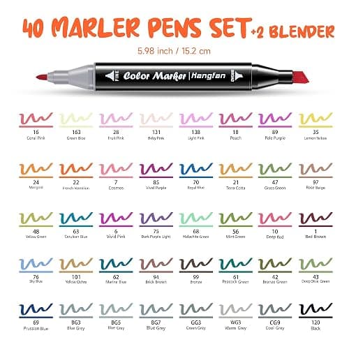 hangfan Art Markers, for Adult Coloring Books No Bleeding,40 Colors Dual Tip Alcohol Markers Brush Tip,Give 1 White Highlighter,1 Tracing Pen,Anime Coloring Sketch Illustrations (Black Pen Container) thumbnail 3