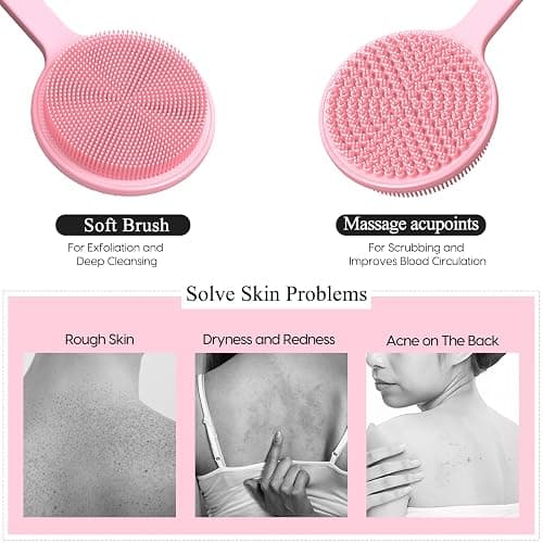 Silicone Back Scrubber for Shower, 17in Lengthen Long Handle Body Brush, Double Sided Shower Brush for Shower Exfoliating and Massage Can Produce Rich Foam, Long Handle Back Scrubber for Men thumbnail 3