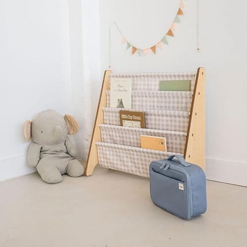 3 Sprouts Recycled Fabric Kids Bookshelf – 4-Tier Sling Book Rack Storage - Kids Room Book Shelves, Nursery, Playroom, Classroom - Bookcase Display Shelf for Toddler, Children Age 3+ - Gingham Beige thumbnail 2