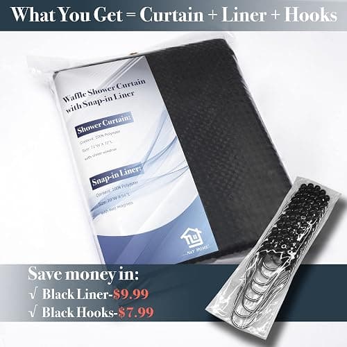 N&Y HOME Waffle Weave Shower Curtain with Snap-in Fabric Liner & 12 Black Hooks Set - Hotel Style, Water-Repellent & Washable, Mesh Top Window - 71x72, Black - Black - 71"W x 72"L (Pack of 1) thumbnail 5
