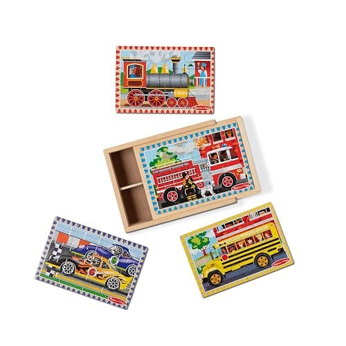 Melissa & Doug Vehicles 4-in-1 Wooden Jigsaw Puzzles in a Storage Box (48 pcs) - FSC Certified - Image 1