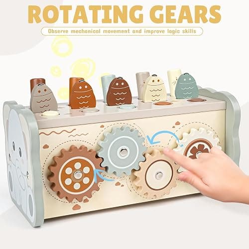 Joyreal Wooden Montessori Toys for 1 Year Old Hammering Pounding Toys | Xylophone, Fishing Game, Gears, Educational Toddler Activities, Christmas Birthday Gifts for 1 2 3 Year Old, Neutral Color thumbnail 5