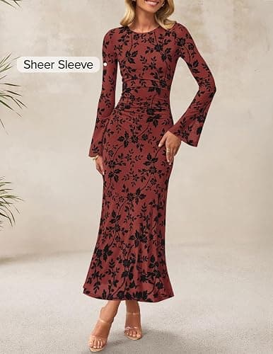 ZESICA Women's Long Sleeve Floral Bodycon Dress 2025 Fall Fashion Ruched Mesh Wedding Guest Cocktail Party Maxi Dresses thumbnail 2