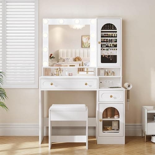 Maupvit Vanity Desk with Mirror and Light，Vanity Desk with 2 Large Drawers, 2 Large Storage，Charging Station and 10 Lights 3 Lighting Modes Adjustable Brightness Dresser, White - Image 1