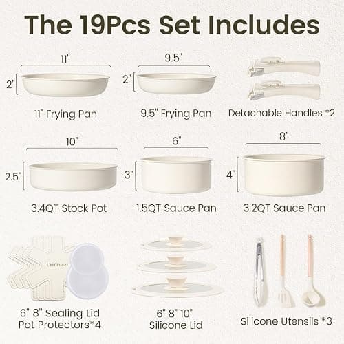 Chef Power Ceramic Cookware Set Non Toxic with Detachable Handles, Healthy Nonstick Pans and Pots Set 19 Pcs, Induction Dishwasher Oven Safe Kitchen Set, PFAS PFOA & PTFE Free, Cream White thumbnail 3
