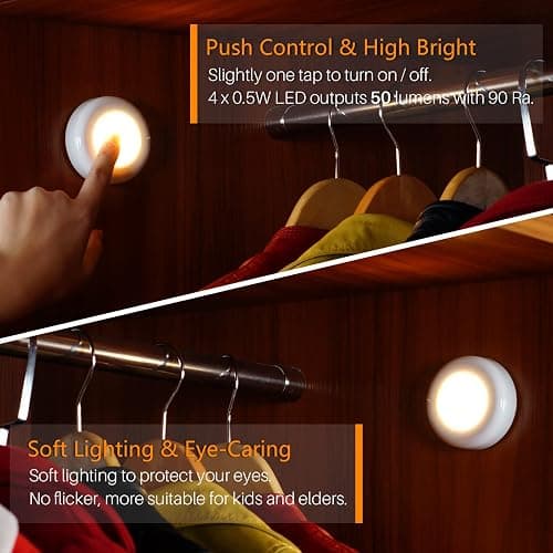 STAR-SPANGLED Push Tap Light, 2.8” Mini Night Touch LED Puck Lamp, Portable Under Cabinet Lighting AAA Battery Operated Powered, DIY Stick On Lights for Closet, Counter, Kitchen, Warm White, 5 Pack thumbnail 2