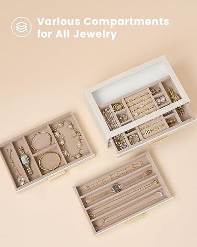 Lolalet Jewelry Box Organizer, 3-Layer Jewelry Organizers and Storage Case with Glass Lid, Ring Earring Bracelet Necklace Holder Organizer, Birthday Christmas Gifts for Women Girls -3Layer, Beige thumbnail 4