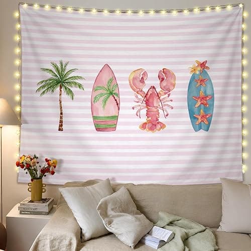 SkyCozy Pink Surf Coastal Beach Wall Tapestry,Surf Board Room Decor, Summer Coastal Preppy Trendy Retro East Coast Coquette Surfboard Crawfish Tapestry Decor for Girls Room College, 50x60 Inch thumbnail 4