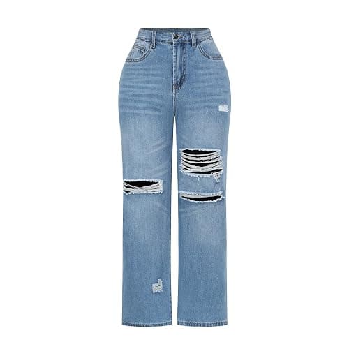 THUNDER STAR Womens High Waisted Wide Leg Jeans Stretchy Distressed Denim Pants - Image 1