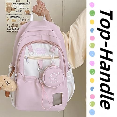 UINSUE Kawaii Backpack Double Shoulder Bag with Cute Star Removable Pouch Small Clear Front Pocket Large Capacity Fits 16" Laptop Dopamine Colors Daypack (Pink) thumbnail 4