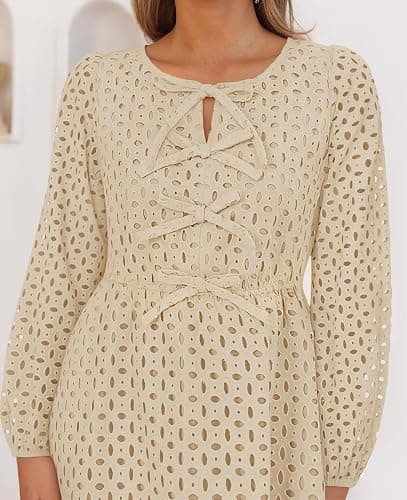 ZESICA Womens Fall Cute Hollow Out Long Sleeve Mini Dress | Crewneck, Tie Front, Eyelet Babydoll Dress, A-Line Short Dress, Casual Party Dress thumbnail 4
