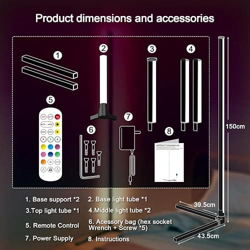 Tyute Corner Lamp, Led Floor Lamp, RGB Ambient Lighting, Smart Modern Floor Lamp with Remote, Color Changing Dimmable Corner Light with Music Sync, Mood Lighting for Bedroom, Living Room Gaming Room thumbnail 9