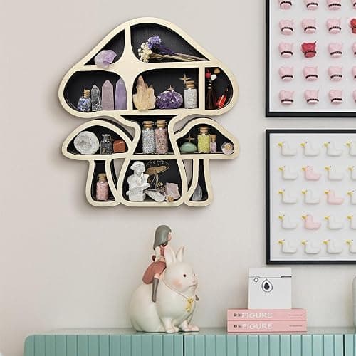 FNYDOX Wooden Mushroom Floating Shelves, Crystal Display Shelf for Wall, Cute Mushroom Wall Decor, Rock Gem Stone Storage Organizer, Essential Oil Holder Hanging Case, Meditation Art Spiritual Gift thumbnail 7
