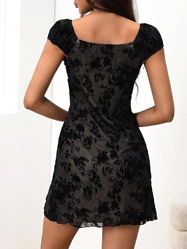 SweatyRocks Women's Floral Mesh Gothic Dresses A Line Cap Sleeve Sweetheart Neck Mini Dress thumbnail 2