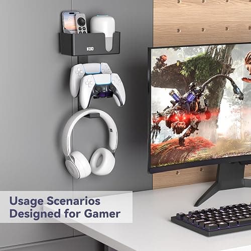 KDD 4-in-1 Wall Mount Controller Holder - Dual Game Controller and Headphone Hanger with Anti-Slip Pads for Xbox ONE/X Series/PS5/PS4 - Detachable Desk Storage for Media Remote, Phone and Speaker thumbnail 5